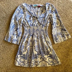 J. McLaughlin Blue White Paisley Silk Blend Tunic Shirt XS